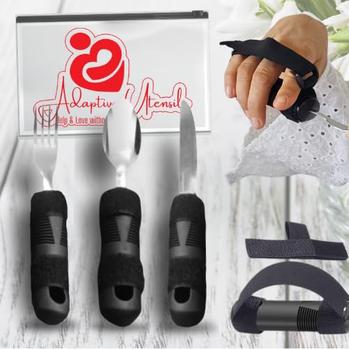 Adaptive Utensils for Elderly | Set of 6 pcs 3 Cutlery & 3 Universal Cuff | Eating Utensils for Disabled People| Parkinsons Utensils | Built up Utensils for Adults | Stainless Steel