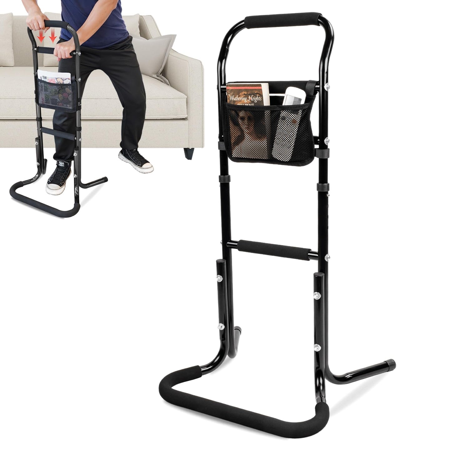 HEPO Portable Chair Stand Assist for Elderly Height Adjustable Mobility Aids 300LBS Capicity Lift Safety Assist Helps You Get Up from Couch Bed Floor Padded Cane Bars Black