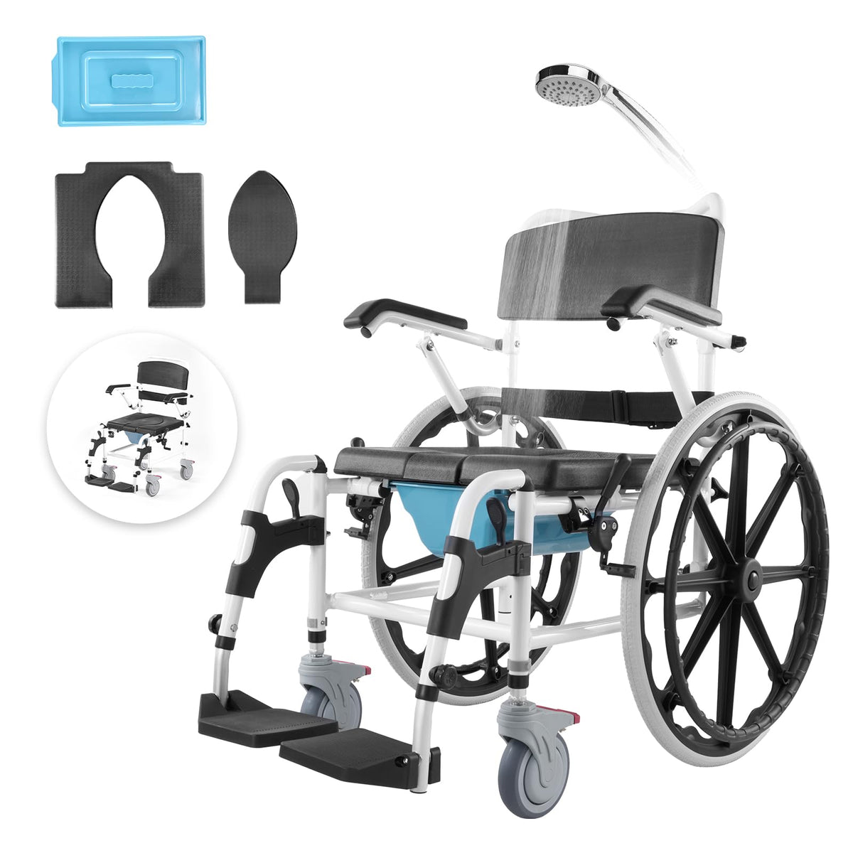 VEVOR Shower Wheelchair 17.5in Width Aluminum Alloy Bathroom Wheelchair for Inside Shower Adjustable Rolling Shower Chair w/Brake for Disabled Adult 300 lbs Capacity Shower Commode Transport Chair