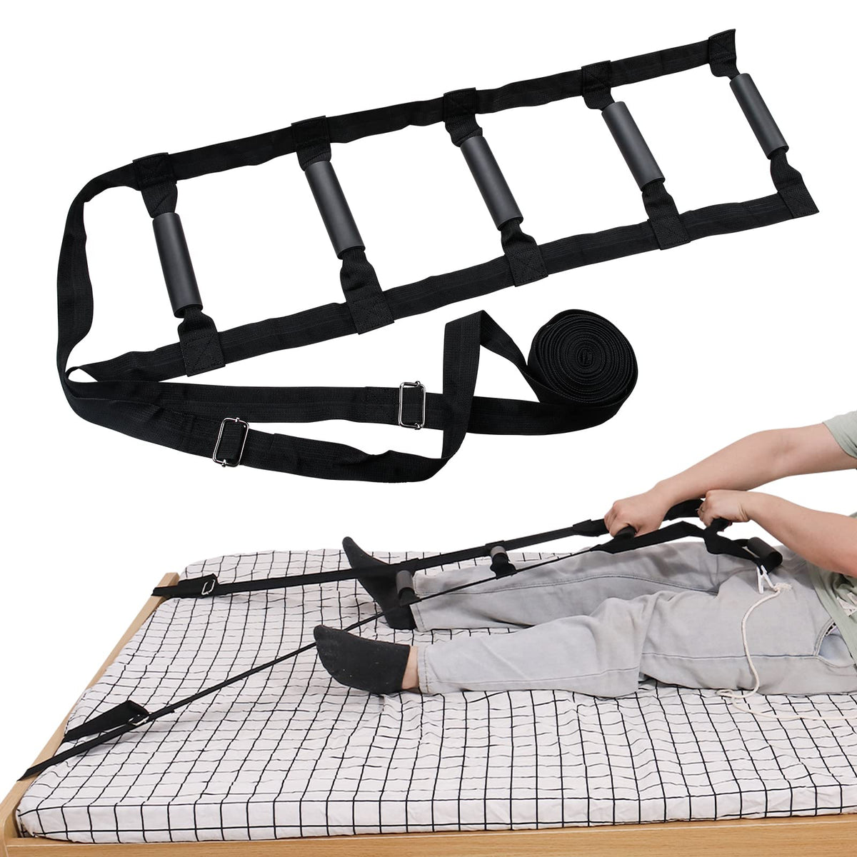 Bed Ladder Assist 160 Inch Munzong Black Pull Up& Sit Up Assist Device Assistive Bedside Straps w/ 5 Handle Portable Rope Beds Ladder Helper for Elderly Senior Injury Handicap Patient Pregnant(4 m)