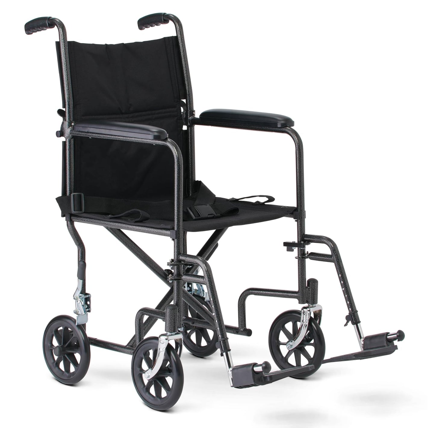 Medline Durable Folding Steel Transport Wheelchair with Swing-Away Footrests 19-Inch Seat Width Black Frame Black Upholstery
